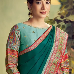 Embroidered Border Satin Saree in Fuchsia