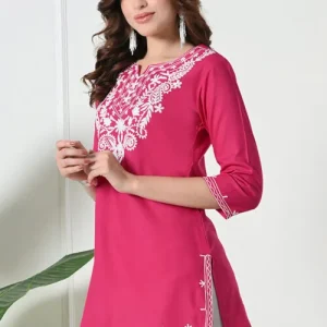 Embroidered Cotton Kurti in Pink